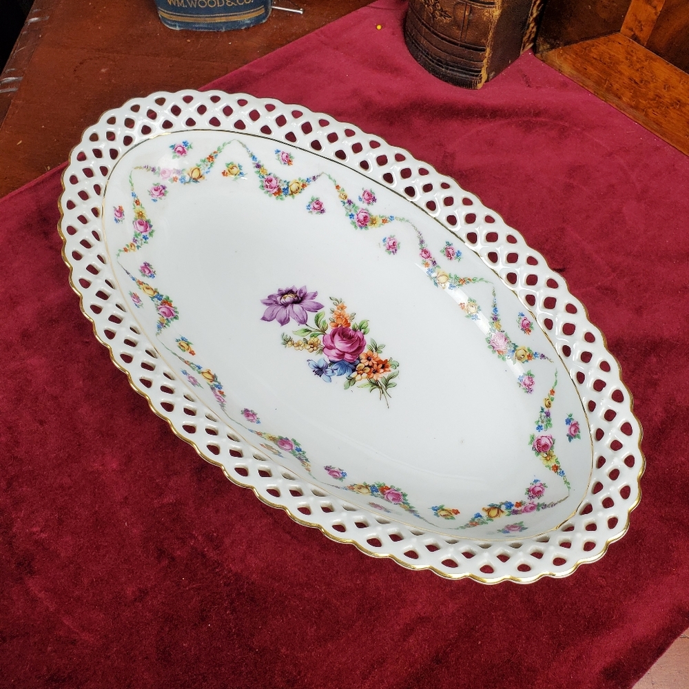 Antique Schumann Dresden Floral Serving Dish Reticulated